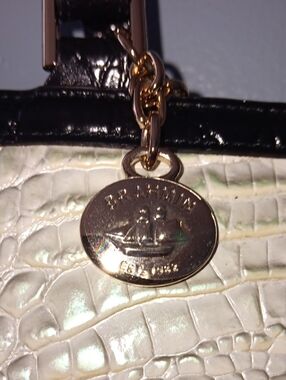 Brahmin Iridescent White Croc-Embossed Tote with Black Trim & Gold Charm